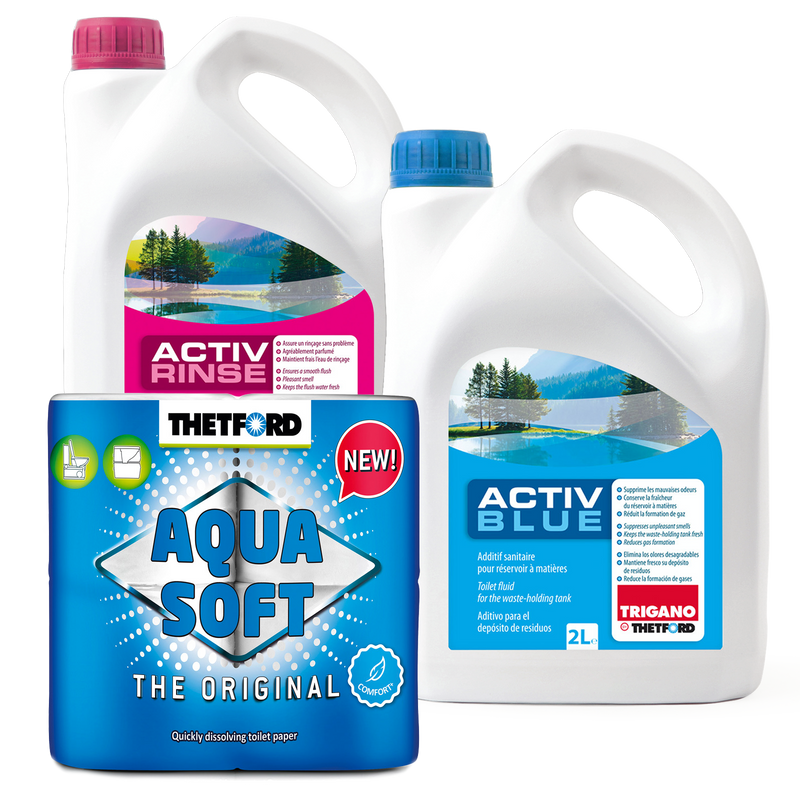 Set Thetford Activ Blue & Activ Rinse Toiletten Zusatz je 2 Liter + Aqua Soft