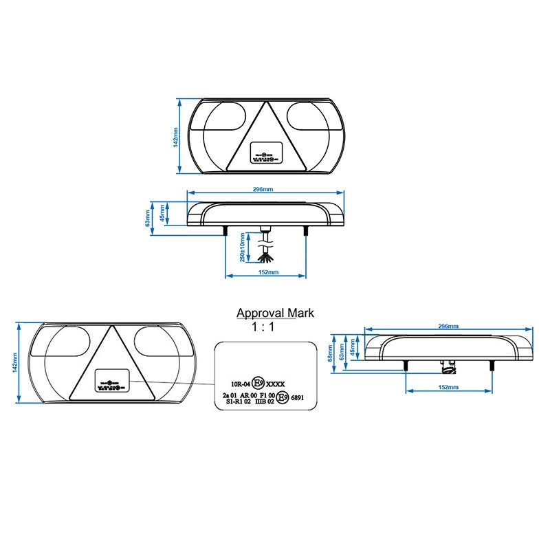 LED Rückleuchte 6 Funktionen – 296x142 mm, 32 LED, rechts links, IP67, E-Typ geprüft