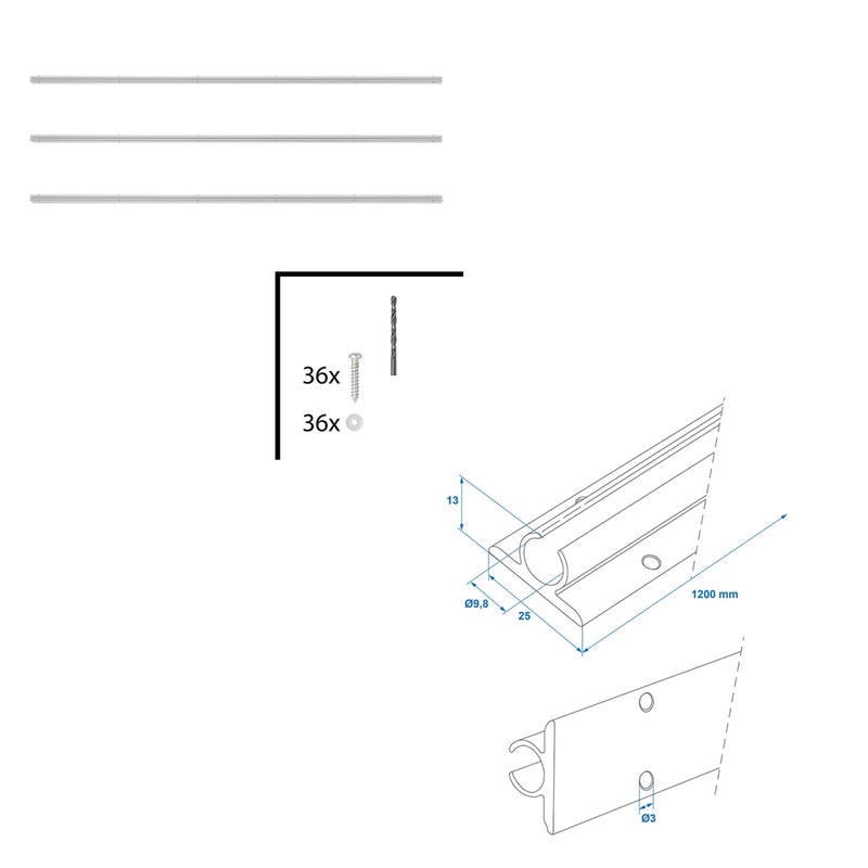 Kederschiene 360 cm Alu 90° Ø9mm selbstklebend Set 3x 120x2,5cm Kederleiste