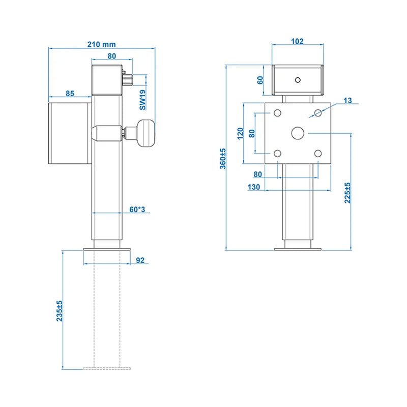 1-4x Anhängerstütze Anhänger Stützfuß 60x60 klappbar SF60 D85 SW19 360-595mm 1300kg