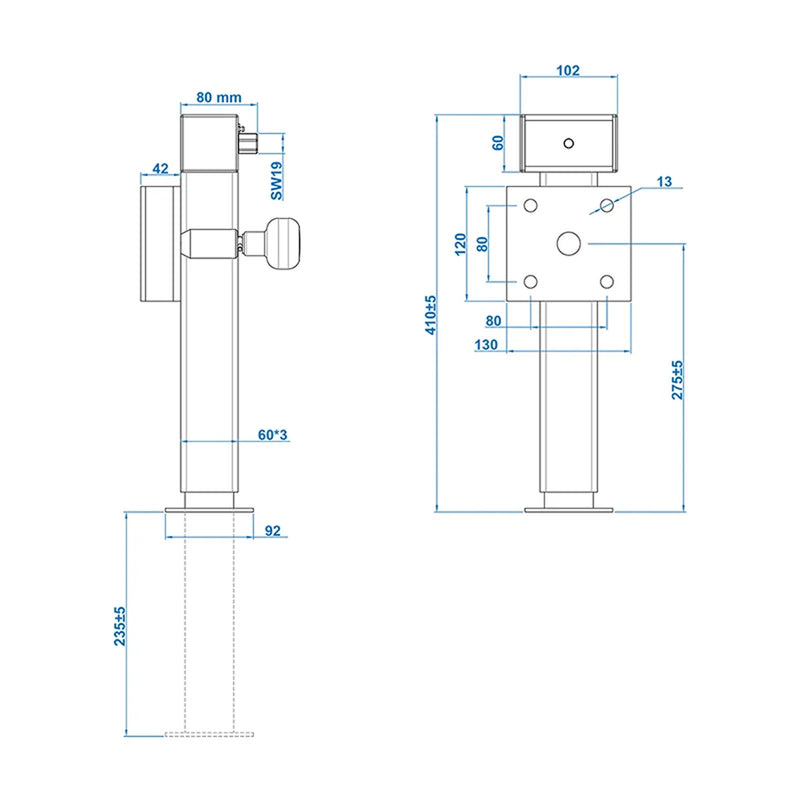 2x Anhängerstütze Anhänger Stützfuß 60x60 klappbar SF60 D85 SW19 410-655mm 1300kg