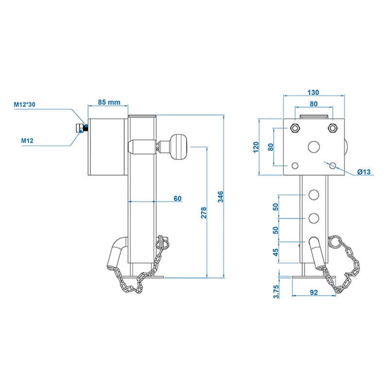 Anhängerstütze Anhänger Stützfuß 60x60mm kippbar TL60 D85 SW19 345-445 mm 1300kg