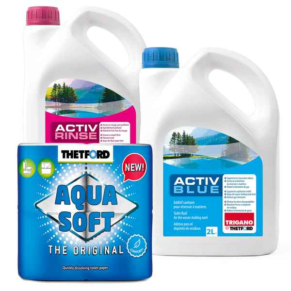 Set Thetford Activ Blue & Activ Rinse Toiletten Zusatz je 2 Liter + Aqua Soft