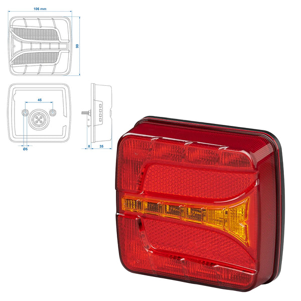 LED Rückleuchte 4 Funktionen – Rechts, 106 x 99 mm, 12V, IP67, E-Typ geprüft