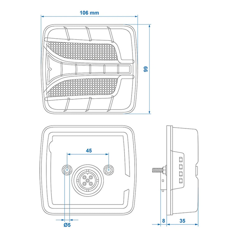 LED Rückleuchte 4 Funktionen – Links, 106 x 99 mm, 12V, IP67, E-Typ geprüft