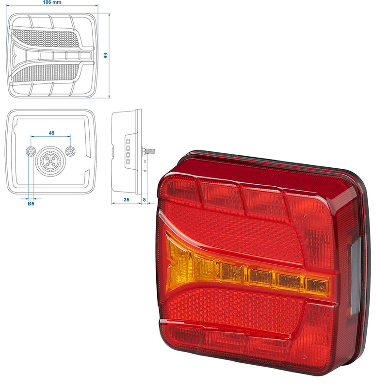 LED Rückleuchte 4 Funktionen – Links, 106 x 99 mm, 12V, IP67, E-Typ geprüft