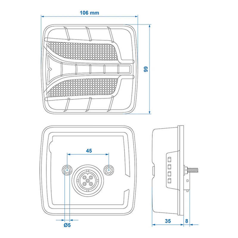 LED Rückleuchte 4 Funktionen – Links, 106 x 99 mm, 12V, IP67, E-Typ geprüft