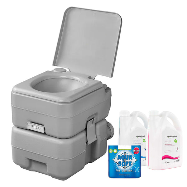 Campingtoilette mobil Chemietoilette + Toilettenflüssigkeit, Aqua Soft Klopapier