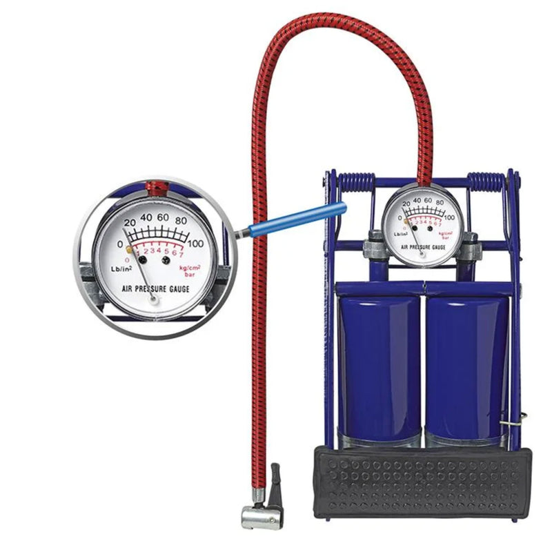 2er Set Fußpumpe Doppelzylinder mit Manometer - Max. 7bar / 100psi, Ventiladapter