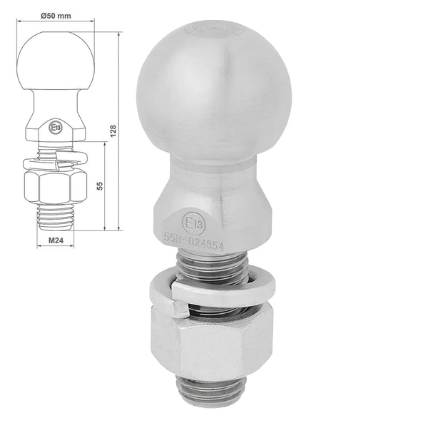 Anhängerkupplungskugel Ø50 mm – M24 x 55 mm, E-Typ geprüft, bis 2000 kg