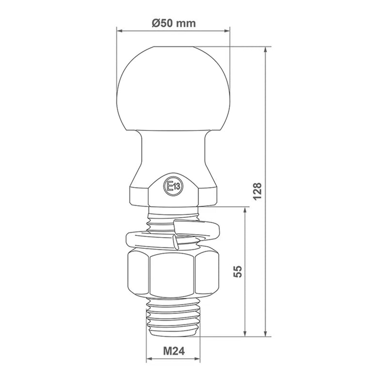 Anhängerkupplungskugel Ø50 mm – M24 x 55 mm, E-Typ geprüft, bis 2000 kg