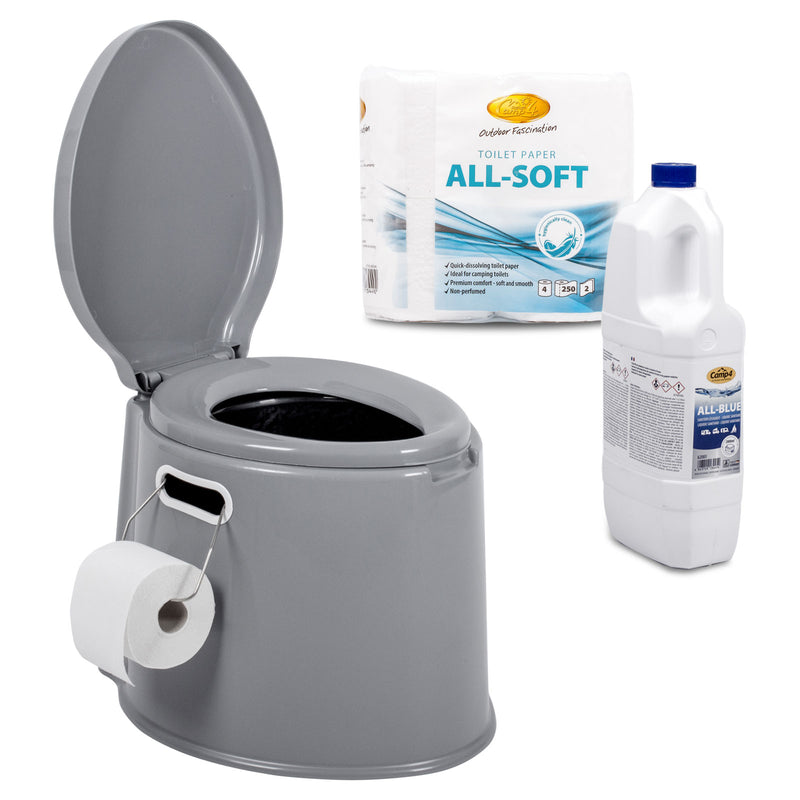 Tragbare Campingtoilette + Camp4 Toilettenpapier, Toilettenflüssigkeit