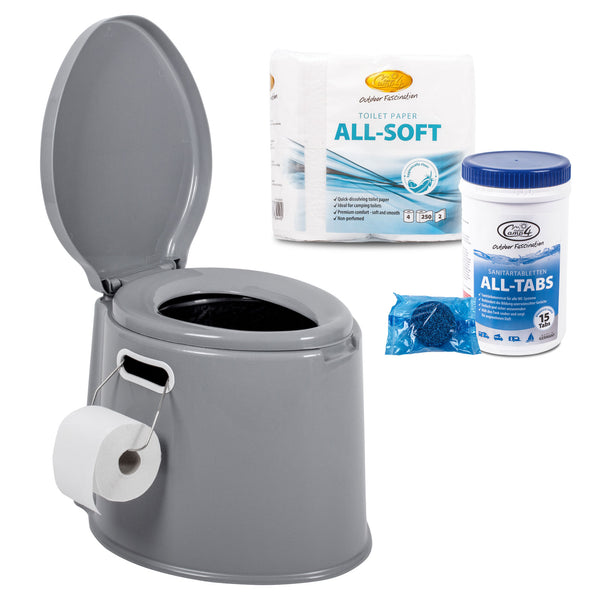 Tragbare Campingtoilette + Camp4 Toilettenpapier, Toilettentabs