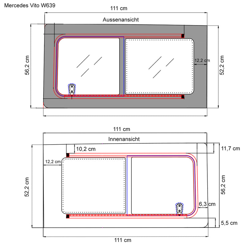 Schiebefenster Glasfenster passend für Vito Bj. 04-15 links, Echtglas, 111x56 cm