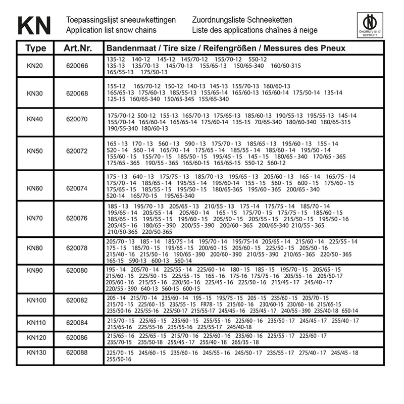 2x Schneeketten 9mm KN80 für 185/75-14; 205 /60-15; 215/40-16