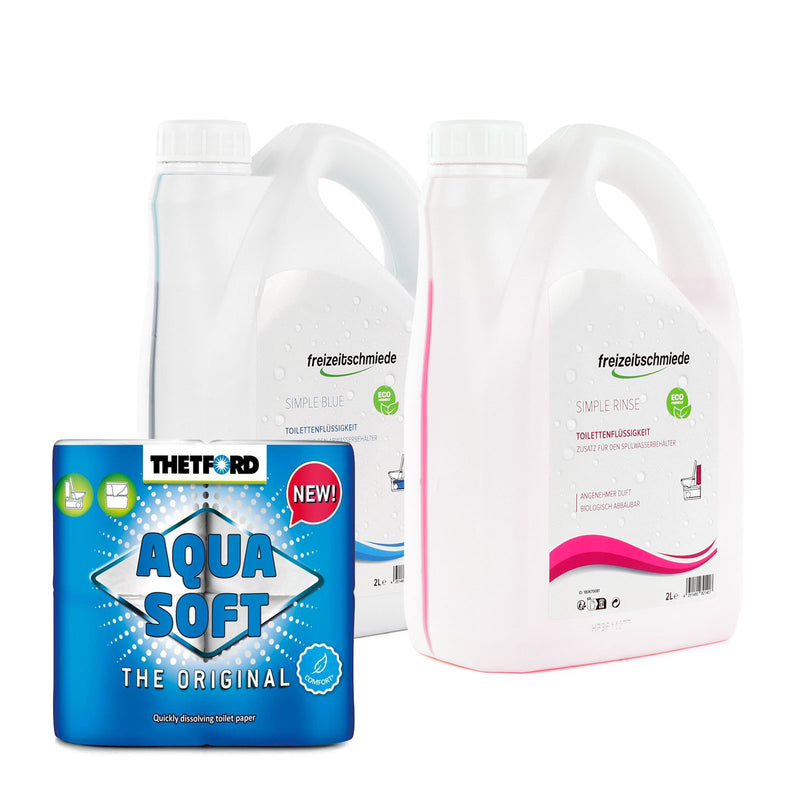 Freizeitschmiede Set Sanitärzusatz Simple Blue & Rinse je 2L oder 4L & Aqua Soft Toilettenpapier