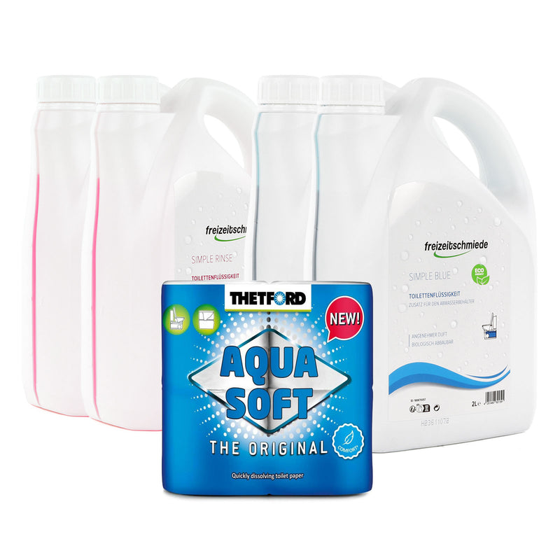 Freizeitschmiede Set Sanitärzusatz Simple Blue & Rinse je 2L oder 4L & Aqua Soft Toilettenpapier