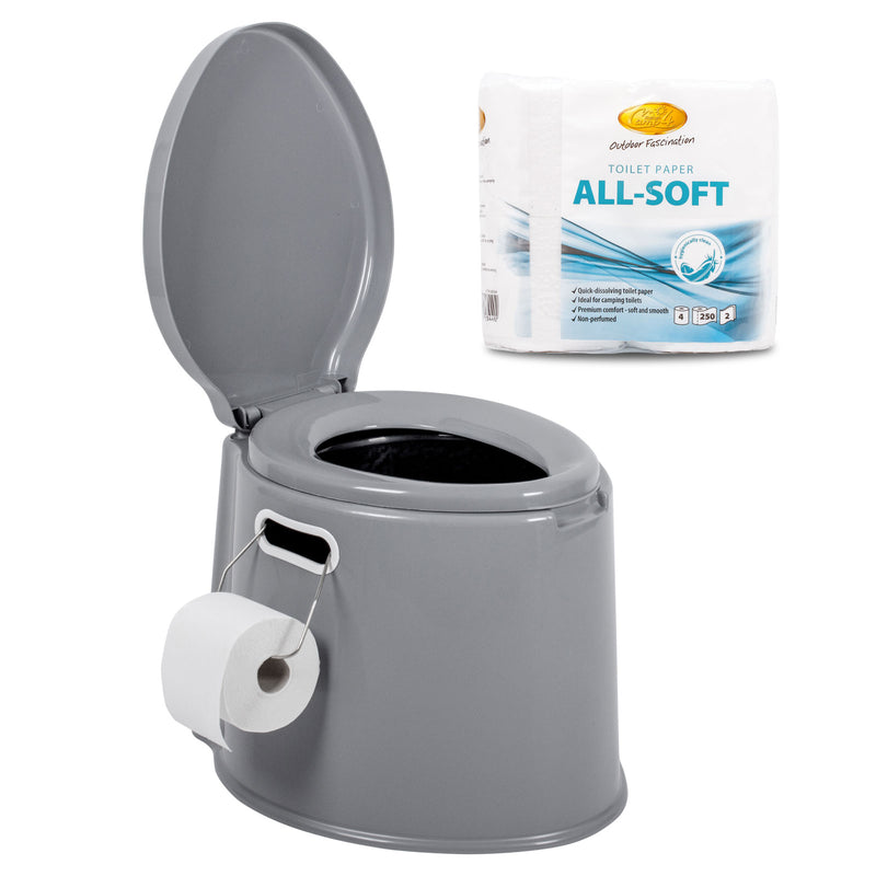 Tragbare Camping-Toilette, 7 Liter + 4er Pack Allsoft Toilettenpapier